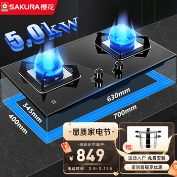 樱花（SAKURA）燃气灶天然气灶煤气灶双灶液化气灶具猛火炉灶台式嵌入式两用5.0KW大火力一级能效 【天然气】B9209大面板多种开孔尺寸