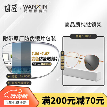 目匠 万新1.60防蓝光变色镜片（附带原厂包装）+多款镜架可选全利兔-实时优惠快报