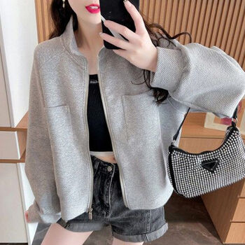 BTTKDL 拉链开衫卫衣外套女小个子秋装2023新款短款夹克外套潮 灰色服饰鞋包类商品-全利兔-实时优惠快报