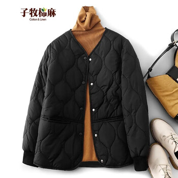 子牧棉麻 2023冬装 女百搭菱格棉衣棉服短款外套宽松夹棉小棉袄0935 黑色 L(建议105-115斤)服饰鞋包类商品-全利兔-实时优惠快报