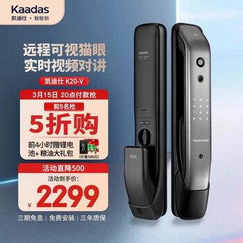 凯迪仕（KAADAS）K20-V可视猫眼智能锁指纹锁家用防盗门锁 全自动电子密码锁 太空灰【远程可视猫眼+三年质保+免费上门安装】