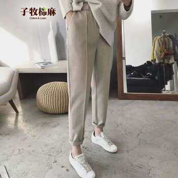 子牧棉麻 2023秋冬装 女韩版加厚毛呢哈伦裤萝卜裤宽松休闲裤0911 燕麦色不加绒 S(建议95斤以内)服饰鞋包类商品-全利兔-实时优惠快报