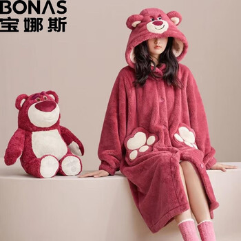 BONAS 宝娜斯 加厚珊瑚绒女士睡衣睡袍套装 草莓熊母婴玩具类商品-全利兔-实时优惠快报