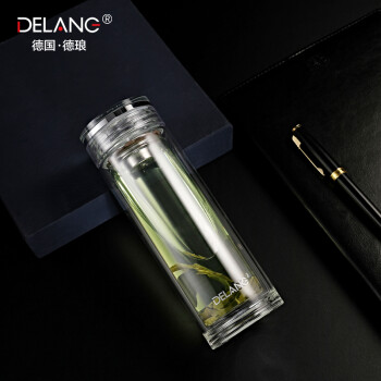 德琅（DELANG）德国品牌水晶杯DL8003双层商务茶水分离玻璃杯便携男女茶杯320ml 本色