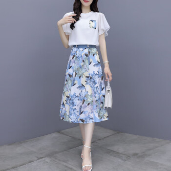 瑜珏（YuJue）裙子套装女连衣裙2023夏款显瘦印花半身长裙两件套女 蓝色花 XL