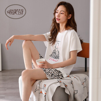 希芙诗睡衣女夏季纯棉薄款短袖短裤家居服夏天时尚简约