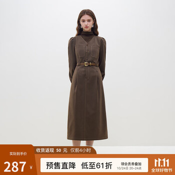 范思蓝恩 23FS14413 画报女郎 复古法式V领连衣裙女2023冬新款裙子 摩卡棕 M服饰鞋包类商品-全利兔-实时优惠快报