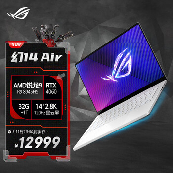 ROG幻14 Air 14英寸 锐龙9轻薄高性能游戏本笔记本电脑(R9 8945HS 32G 1T RTX4060 2.8K 120Hz)铂月白