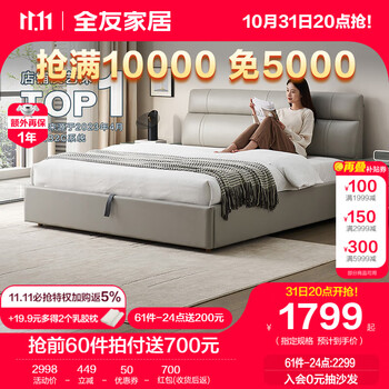 31日20点：QuanU 全友 105251A 轻奢现代床 浅米灰 1.8m床 高箱款家具家装类商品-全利兔-实时优惠快报