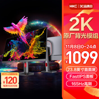 HKC 23.8英寸 2K FastIPS 165Hz广色域1ms快速液晶HDR高清屏幕 旋转升降游戏电竞电脑小金刚显示器 神盾MG24Q