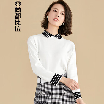 尚都比拉(sentubila)短款拼接衬衫领毛衣2019春季新品修身简约 w91h