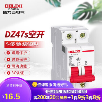 德力西电气（DELIXI ELECTRIC）微型断路器 DZ47S空气开关家用空开DZ47s  C型 2P 63A