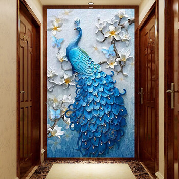定制3d浮雕孔雀 3d玄关墙布过道装饰壁画走廊背景墙纸