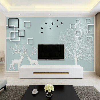 北欧电视背景墙装饰墙纸客厅影视墙8d立体壁画现代简约麋鹿壁纸 浅蓝