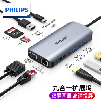 飞利浦Type-C扩展坞USB-C转HDMI拓展坞网口分线器适用手机笔记本苹果电脑4K投屏转换器 9合1【HDMI/VGA/网口】双屏同显 多功能扩展坞