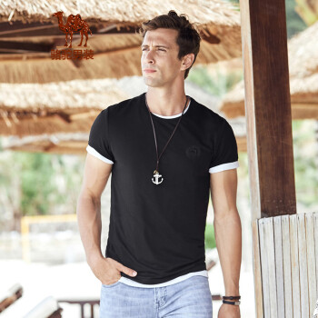 骆驼（CAMEL）男装 夏季男青年休闲时尚纯色上衣 圆领印花短袖T恤 黑色 XL