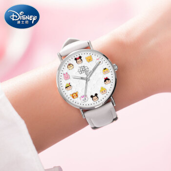 迪士尼（Disney）品牌女士腕表时尚简约气质运动风儿童小学生手表 208银壳白带白面