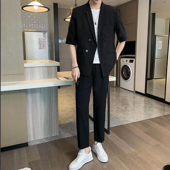 短袖帅气西装男套装青年韩版潮流学生休闲五分裤子西服黑色外套五分裤