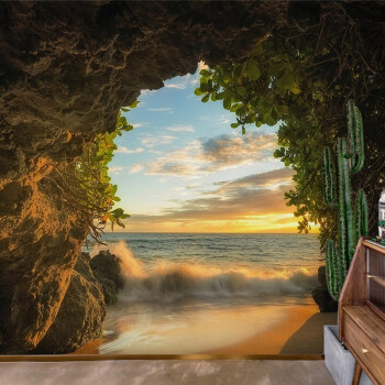 视觉延伸墙纸大自然风景3d立体大海山洞壁纸餐厅卧室酒店背景墙 整张