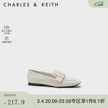 CHARLES&KEITH早春新品CK1-70380874女士金属扣带饰方头乐福鞋 粉白色Chalk 36
