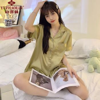 俞兆林（YUZHAOLIN）【TT】2023年新款睡衣女夏季学生冰丝短袖薄款凉爽家居服套装 双短-绿色 M(体重80-95)