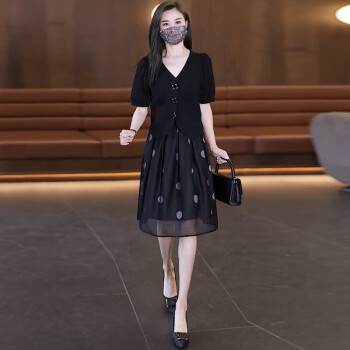 米珀莉（MIPOLI）新款连衣裙夏季2023小香风套装气质显瘦法式短袖上衣波点半身裙 黑衣波点裙 S
