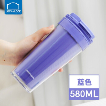 乐扣乐扣（LOCK&LOCK）手持翻盖塑料杯硅胶防漏塞带茶网双层杯身防烫塑料杯 蓝色-糖糖桌面杯-580ML