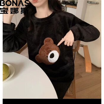 BONAS 宝娜斯 JUJ法兰绒秋冬季睡衣长袖套装加厚加绒 歪头熊黑色 M母婴玩具类商品-全利兔-实时优惠快报