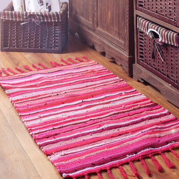 纯棉布条手工编织地毯卧室厨房飘窗卫生间浴室门口地垫小脚垫 红条纹