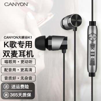 大峡谷（CANYON）K1全民k歌耳机有线入耳式专业唱歌耳麦带双麦克风话筒配音录歌直播专用耳返适用华为安卓手机 K1-银 无损音质【3.5mm圆接口】 标配