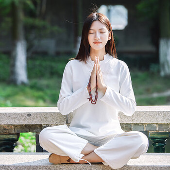 禅服女新款健身户外运动棉麻瑜伽女居士禅修打坐冥想白色七分袖xxl