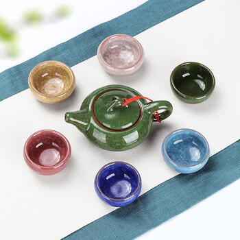 
                                                            豹霖茶具 陶瓷多彩冰裂釉功夫茶具套装 整套茶具茶壶茶杯家用套装青花瓷六色开片 7头六色-孔雀绿壶                