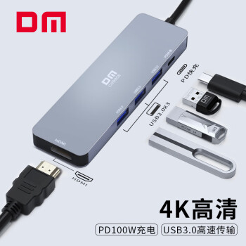 DM大迈 Type-C五合一扩展坞 USB-C转HDMI/PD100W/USB3.0 手机笔记本脑电脑4K投屏分线器 CHB058