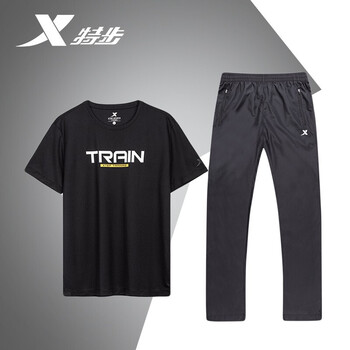 特步套装男2022夏季新款大logo短袖长裤休闲运动服健身套装男r黑黑2xl