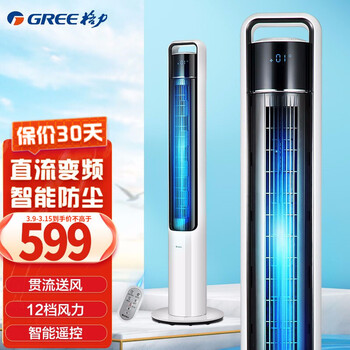 格力（GREE）塔扇家用直流变频电风扇智能遥控落地扇12档大风量立式无叶风扇FLZ-09X63Bg 白+黑