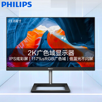 飞利浦 23.8英寸 2K IPS技术 75Hz刷新 广色域sRGB117% 微边框 家用娱乐 液晶电脑显示器 显示屏 245E1