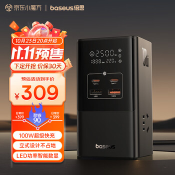 BASEUS 倍思 100W 智能数显插线板电竞插座 七口合一（3AC+2U+2C ）数码类商品-全利兔-实时优惠快报