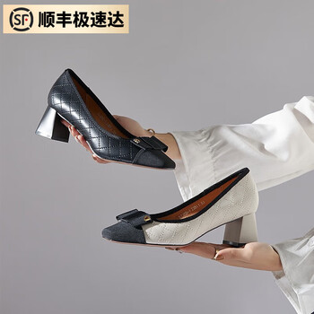 曼语纯 拼色小方头蝴蝶结粗跟鞋通勤单鞋服饰鞋包类商品-全利兔-实时优惠快报