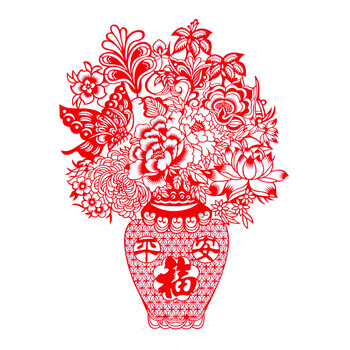 花瓶花篮中国民间特色剪纸窗花家居装饰年货玻璃贴植绒布材质单张装
