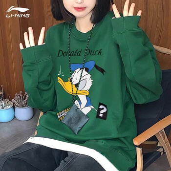LI-NING 李宁 卫衣女春秋季潮牌宽松圆领套头薄绒长袖ins慵懒风学生休闲运动服 青葱绿(不加绒) S运动户外类商品-全利兔-实时优惠快报