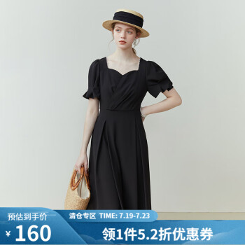 范思蓝恩23FS12204法式方领连衣裙女夏2023新款收腰显瘦气质裙子 黑色 M