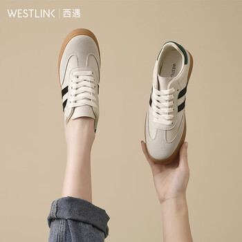 WESTLINK 西遇 复古厚底德训鞋女2023年夏季新款绿尾撞色百搭休闲学生运动板鞋 米白/绿色 37服饰鞋包类商品-全利兔-实时优惠快报