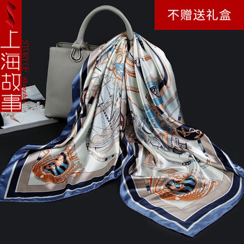 上海故事 丝巾 90*90cm仿真丝大方巾丝巾女四季通用围巾披肩七夕送礼 桑海远航水蓝服饰鞋包类商品-全利兔-实时优惠快报