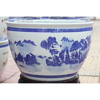 臻爵家饰 景德镇陶瓷器鱼缸 乌龟缸 水仙盆金鱼缸书画缸 鱼缸 青花山水 中号