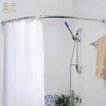 
                                        善庆 浴帘杆弧形浴帘套装l型浴室浴杆卫生间L形304不锈钢浴杆架 R20杆90*100+帘+环                