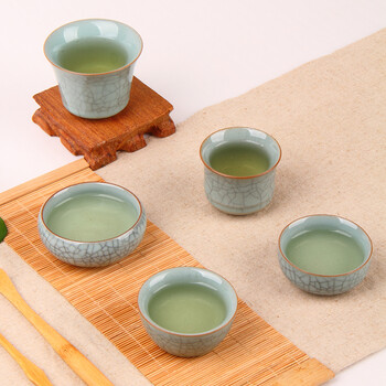 福庆茶杯陶瓷品茗杯汝窑个人杯功夫茶具青瓷水杯开片冰裂哥窑单杯 宽口杯(豆绿)