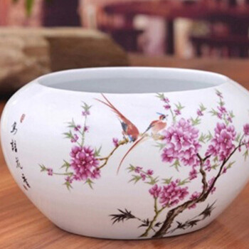 
                                                            景烨瓷器工艺品摆件陶瓷缸花盆鱼缸乌龟缸景德镇金鱼缸睡莲盆碗莲水族箱笔洗养鱼陶瓷 水点桃花 大号肚径33高度17CM加底座                
