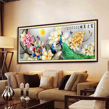 
                                                            KS十字绣官方旗舰店客厅新款大幅花开富贵荣华孔雀风景画1.5米2米2.35米 【丝线定制】9740富贵孔雀200X75CM三股绣                