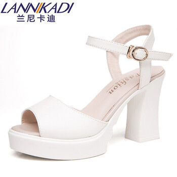 兰尼卡迪新款凉鞋女夏季性感中跟鞋粗跟鱼嘴鞋女士简约厚底防水台女鞋
