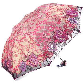 天堂伞 芬芳馥郁三折超轻绣花晴雨伞33203E金玫红